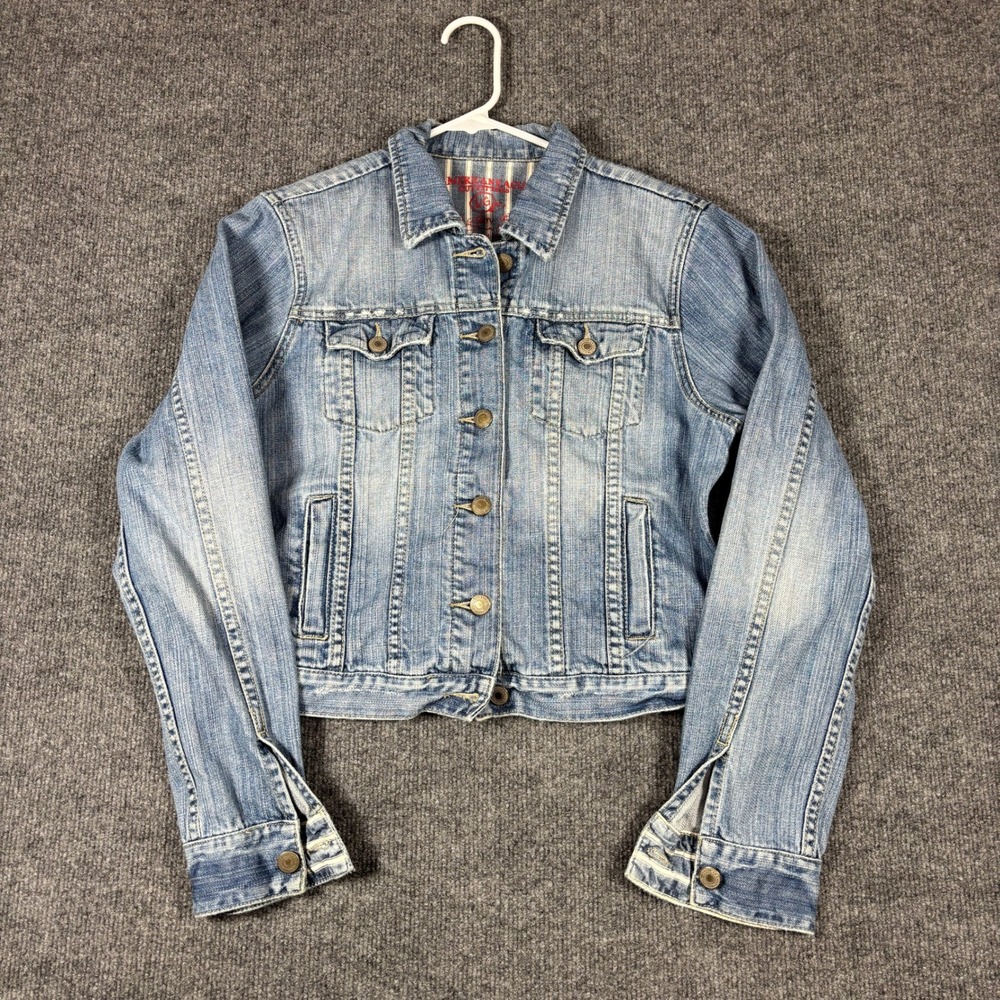 American Eagle Denim Jacket Womens L Light Wash Blue Distressed Cropped Trucker